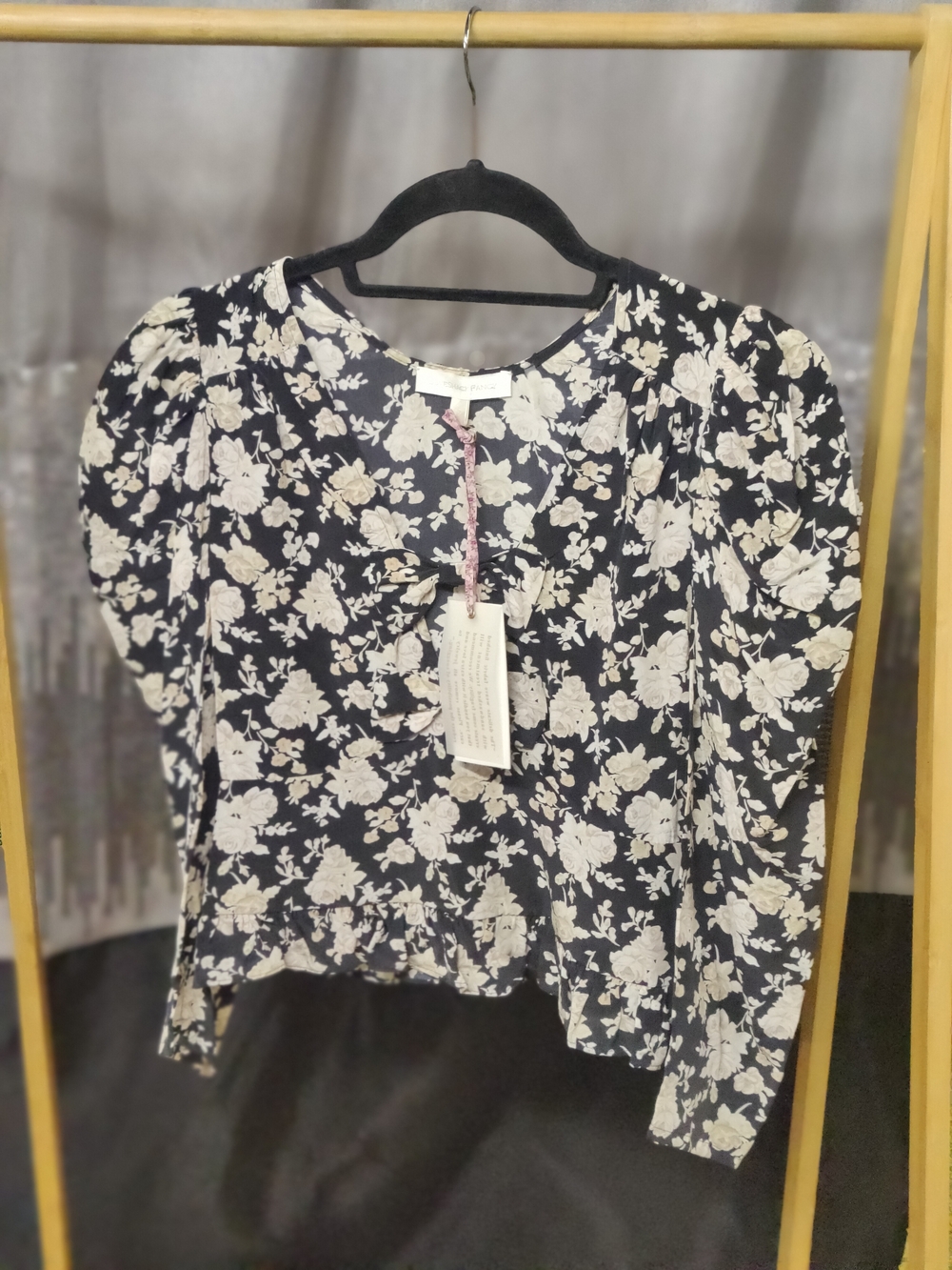 LoveShackFancy Navy Floral Puff-Sleeve Blouse-NWT
